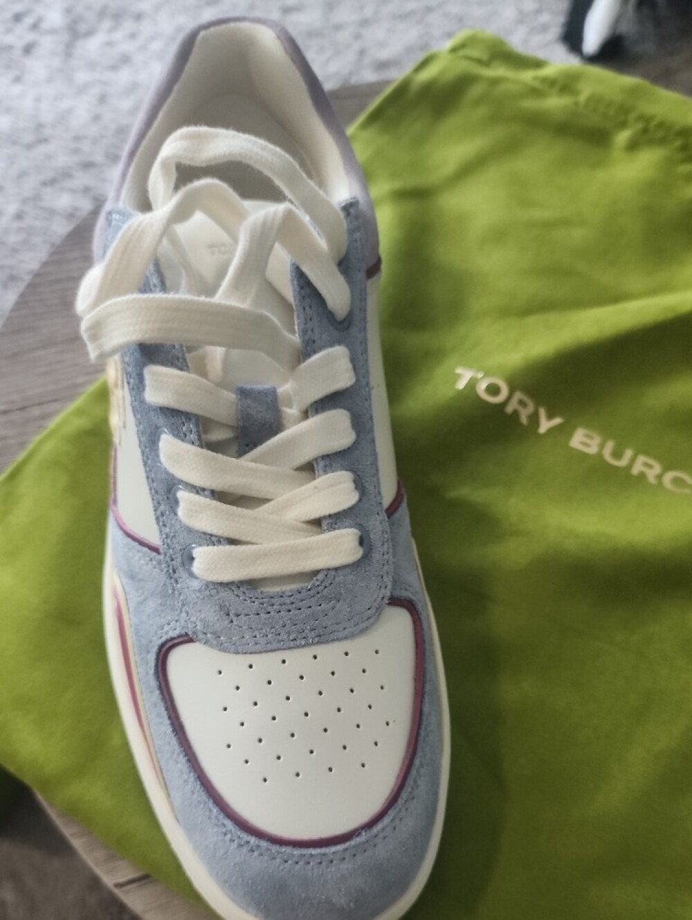 Tory Burch Suede and Leather Low-Top Sneaker in Light Blue, Cream and Pink - Picture 3 of 15